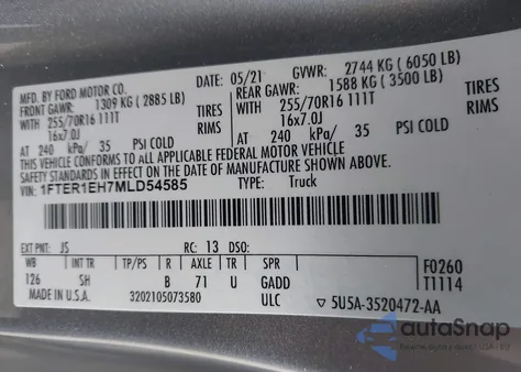 2021 Ford Ranger Xl из США, поврежденный, VIN 1FTER1EH7MLD54585